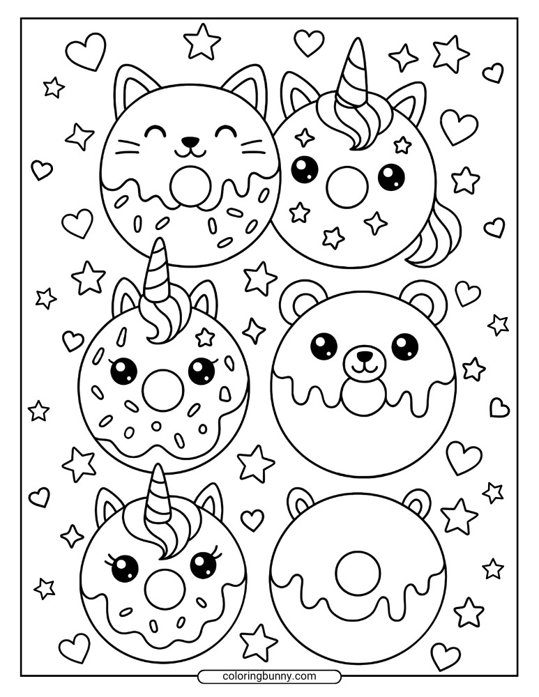 Donut coloring page with six animal-themed donuts shaped like cats, unicorns, and bears, decorated with frosting and surrounded by hearts and stars
