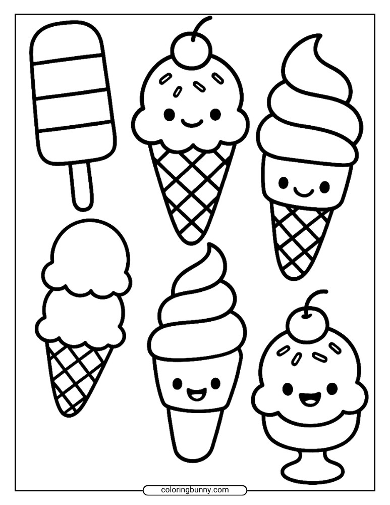 Kawaii ice cream coloring page with cute cones and popsicles.
