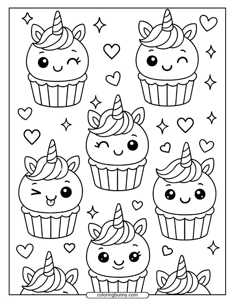 Unicorn cupcake coloring page featuring six cupcakes with different emotions and expressions.