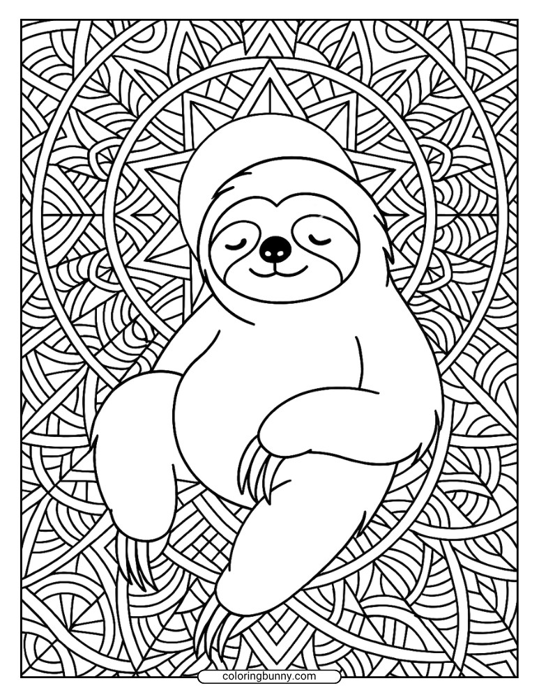 Detailed sloth coloring page with mandala and geometric patterns, intricate sloth coloring sheet.