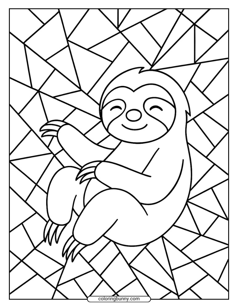 Cute sloth coloring page with simple geometric background shapes, easy sloth coloring sheet.