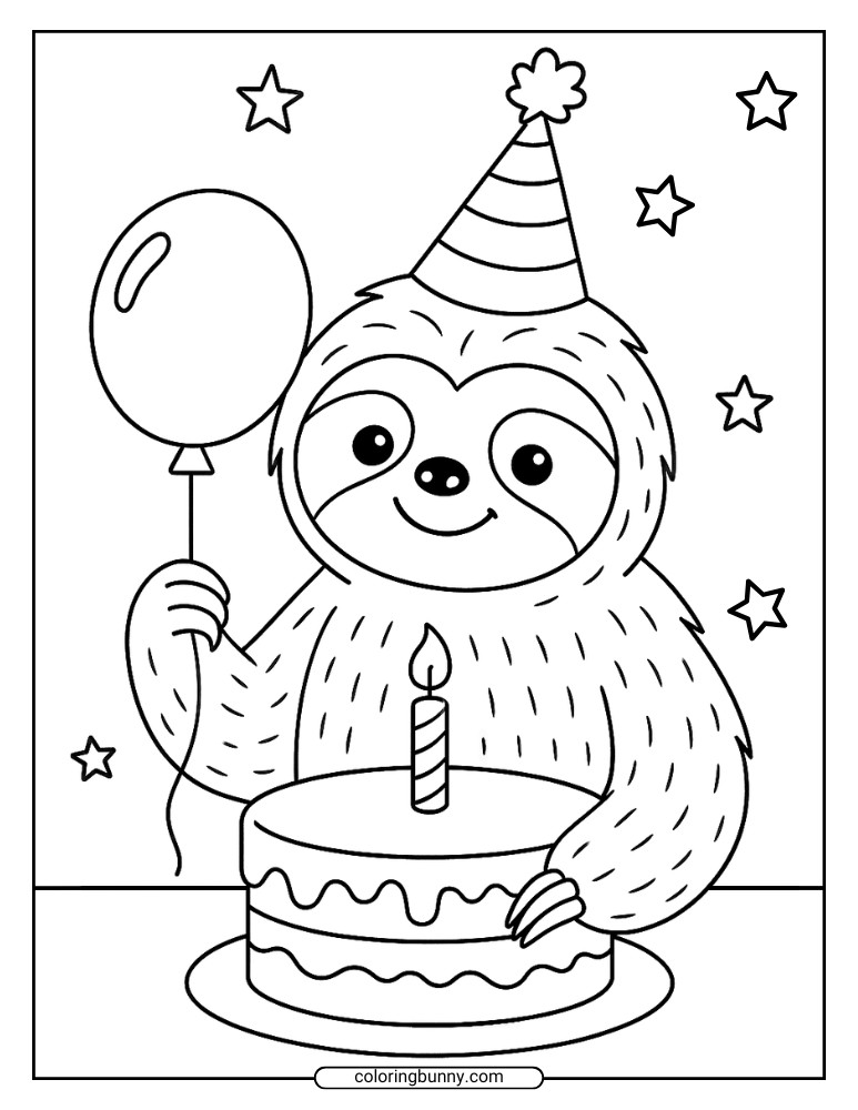 Coloring page of a happy sloth in a party hat holding a balloon next to a frosted birthday cake.