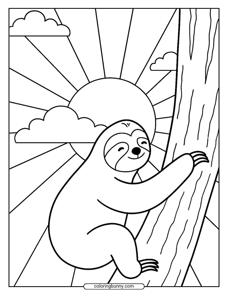 Sloth coloring page of a sloth climbing a tree at sunrise with clouds and sun in the background.