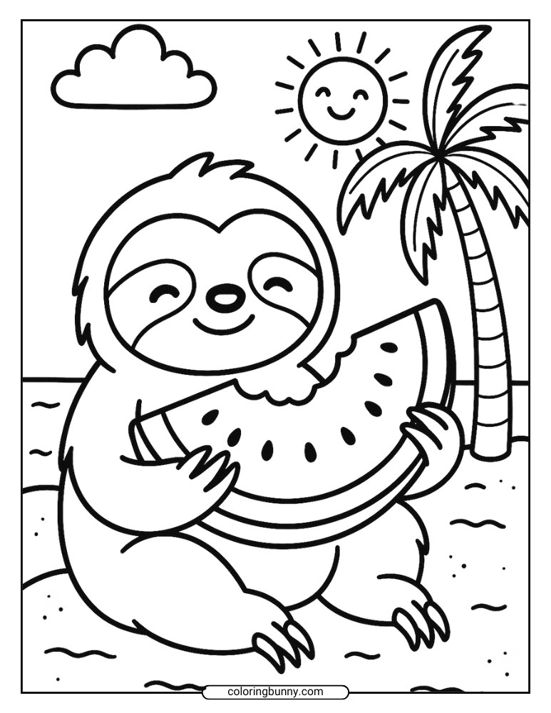 Coloring page of a smiling sloth eating watermelon on a sunny beach with a palm tree.