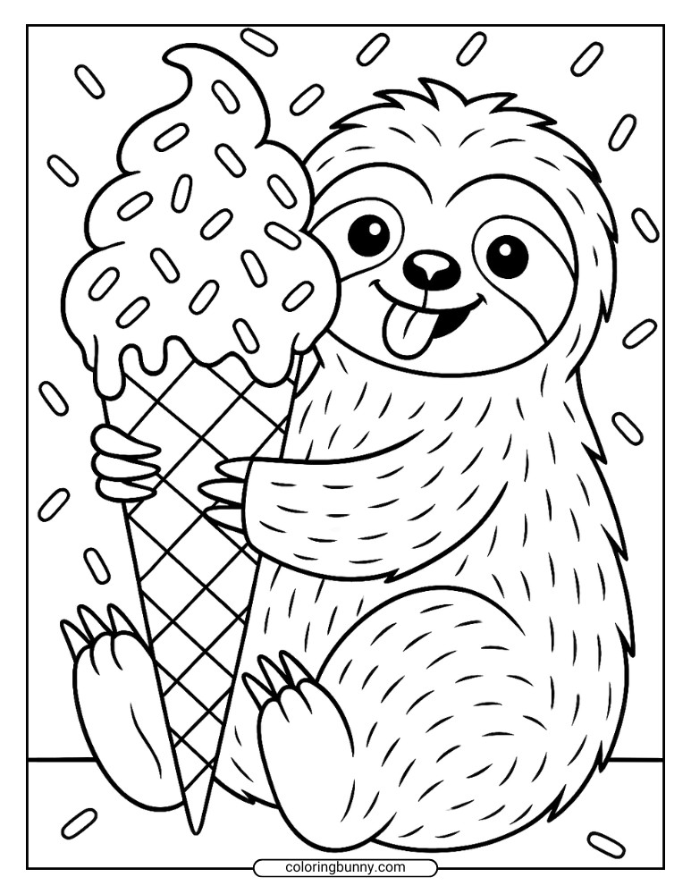 Black and white coloring page of a smiling sloth holding a giant ice cream cone with sprinkles.