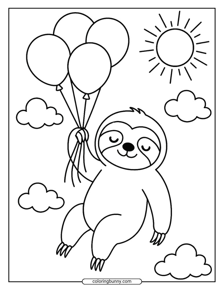 Coloring page of a relaxed sloth floating in the sky, holding several balloons, with clouds and a bright sun in the background.