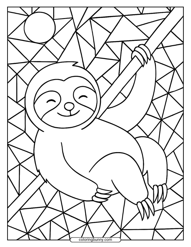 Sloth Coloring Page With a Sloth Hanging on a Branch With a Simple Geometric Background