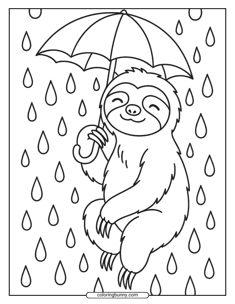 Cute sloth coloring page of a happy sloth holding an umbrella while raindrops fall all around.