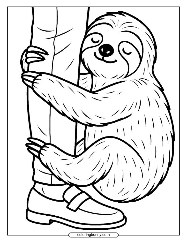 Simple sloth coloring page of a sloth hugging a person’s leg, smiling with eyes closed.