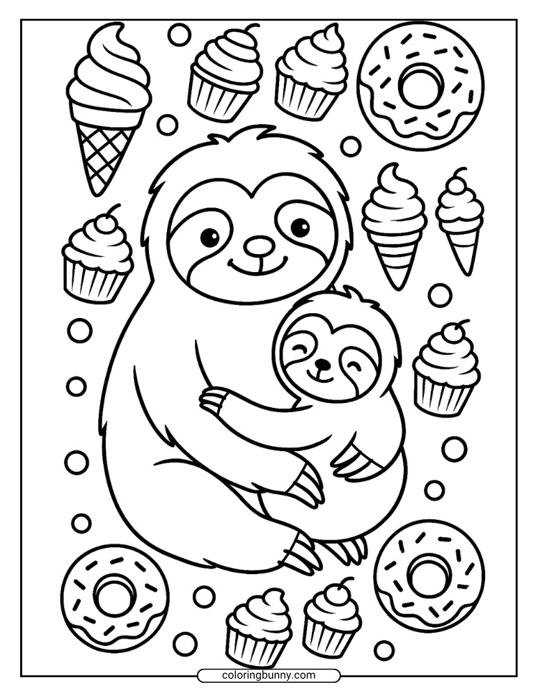 Coloring page of a sloth hugging its baby, surrounded by cupcakes, ice cream, and donuts.