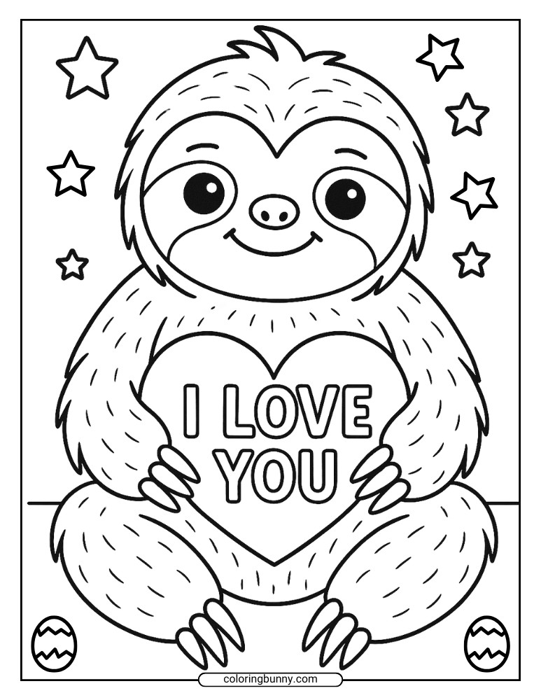 Cute coloring page of a sloth holding an “I Love You” heart.