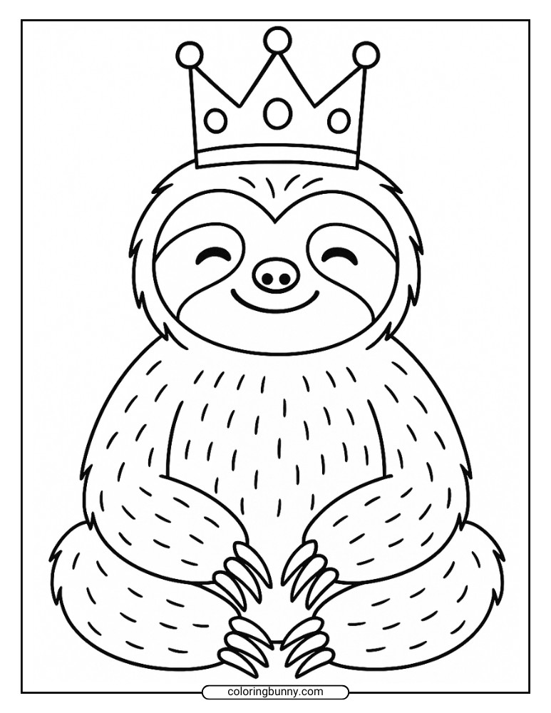 Coloring page of a smiling sloth wearing a crown, sitting peacefully.