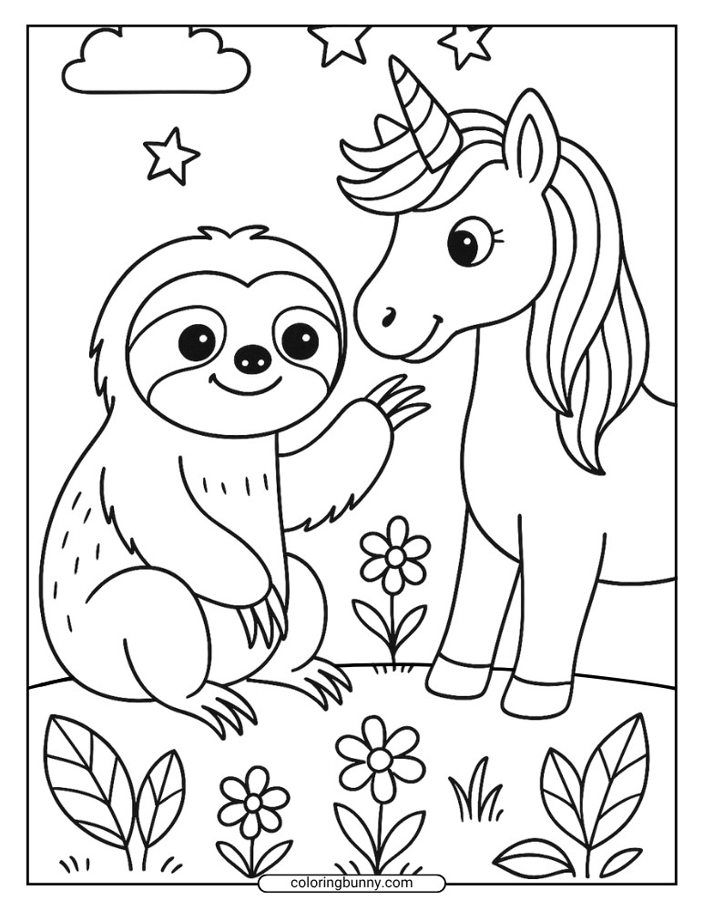 Black and white sloth coloring page showing a sloth and unicorn in a meadow with flowers and stars.