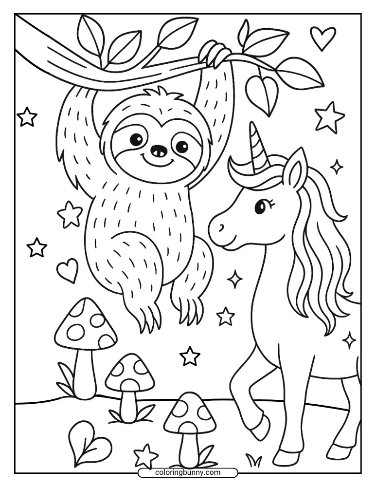 Black and white coloring page of a smiling sloth hanging from a branch beside a unicorn, with mushrooms, stars, and hearts in the background.
