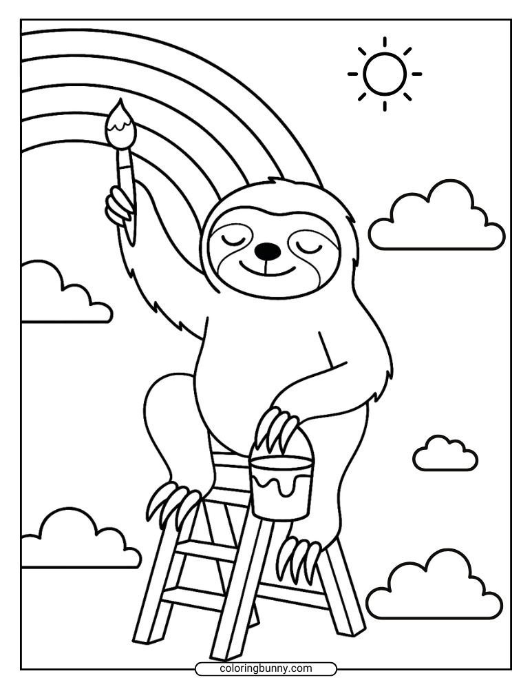A coloring page of a sloth on a ladder, holding a paintbrush and bucket, painting a rainbow in the sky with sun and clouds around.