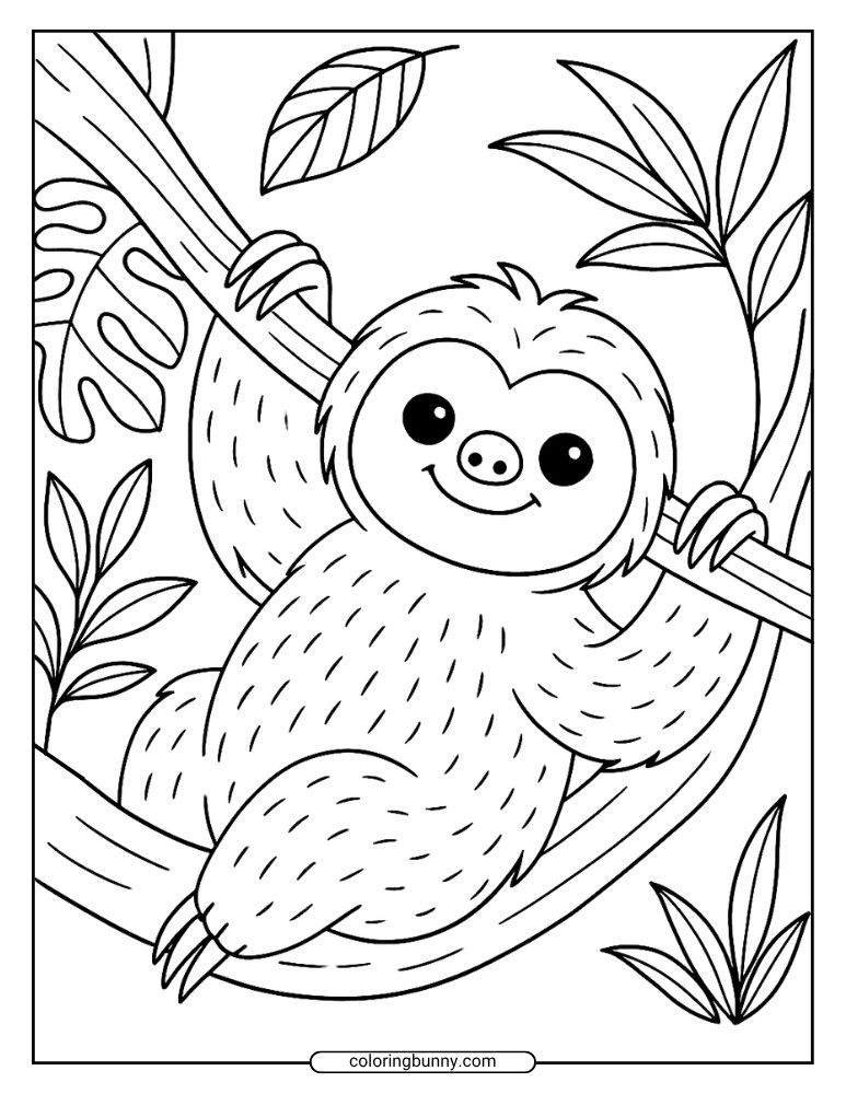Sloth coloring page showing a happy sloth resting on a tree branch, surrounded by jungle leaves.