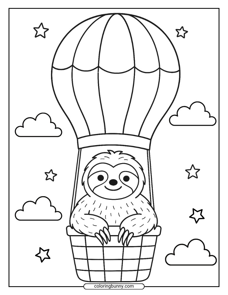 Smiling sloth riding in a hot air balloon basket, surrounded by stars and fluffy clouds.