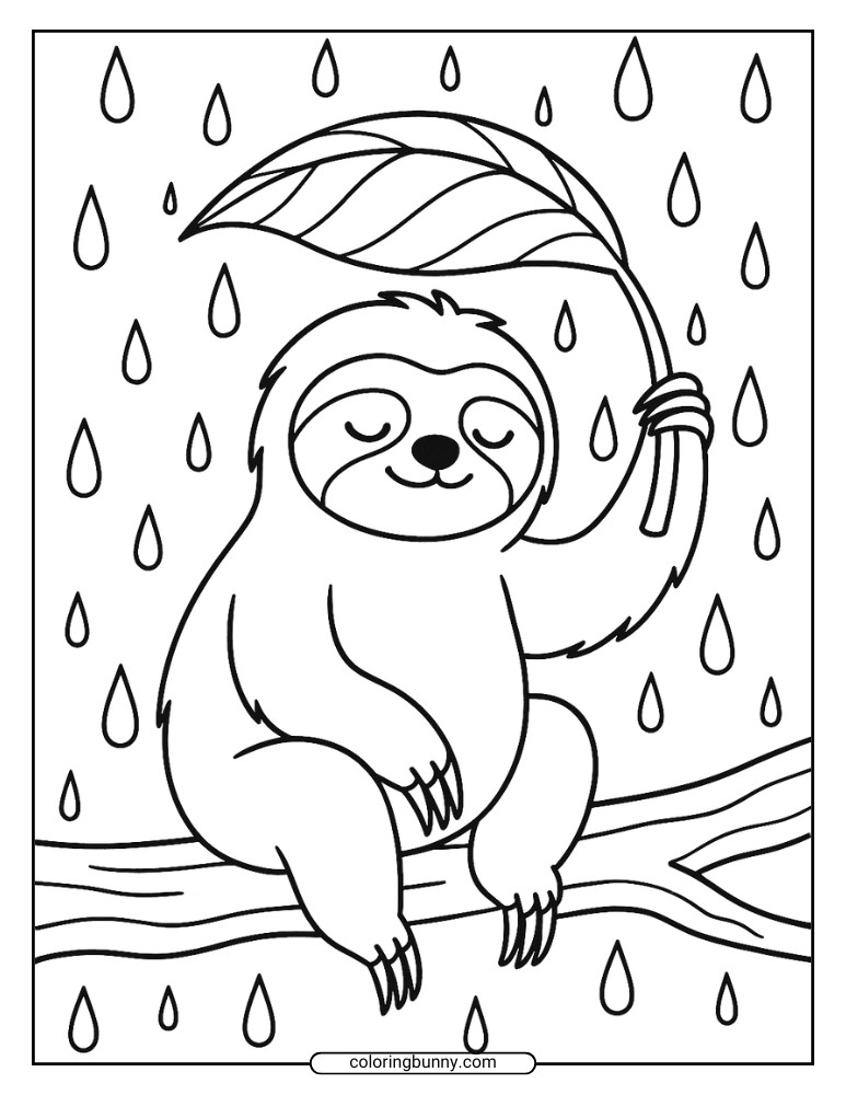 Coloring page of a relaxed sloth sitting on a branch holding a big leaf over its head as an umbrella, with raindrops falling around.