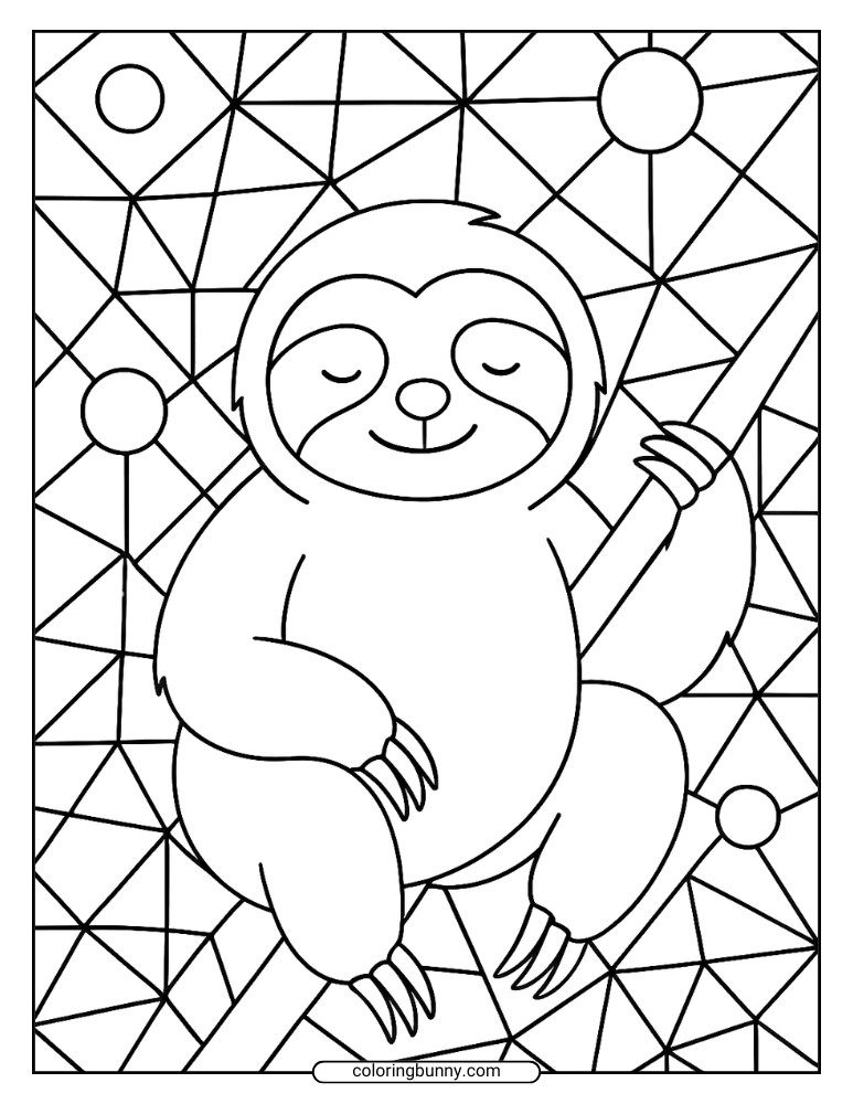 Fun sloth coloring page of a sloth hanging on a branch with a geometric background.