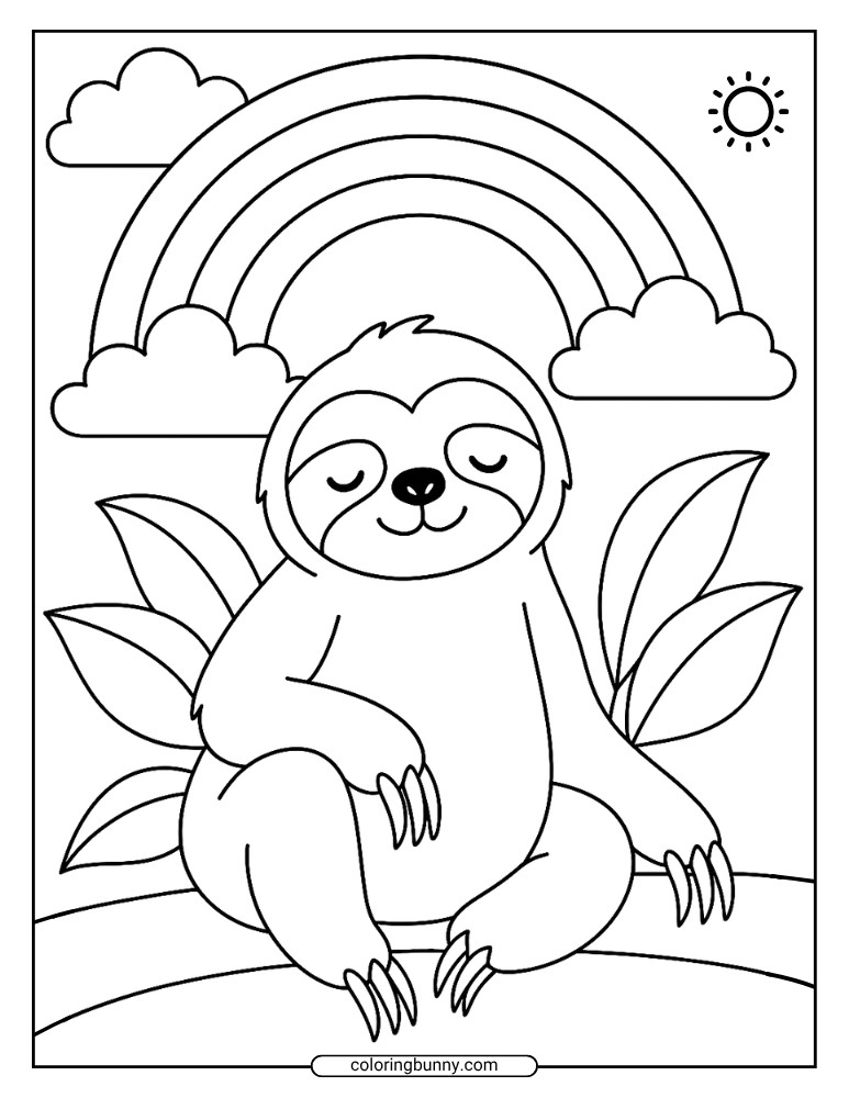 Sloth coloring page featuring a relaxed sloth sitting on a branch with big leaves and a colorful rainbow in the background under a sunny sky.