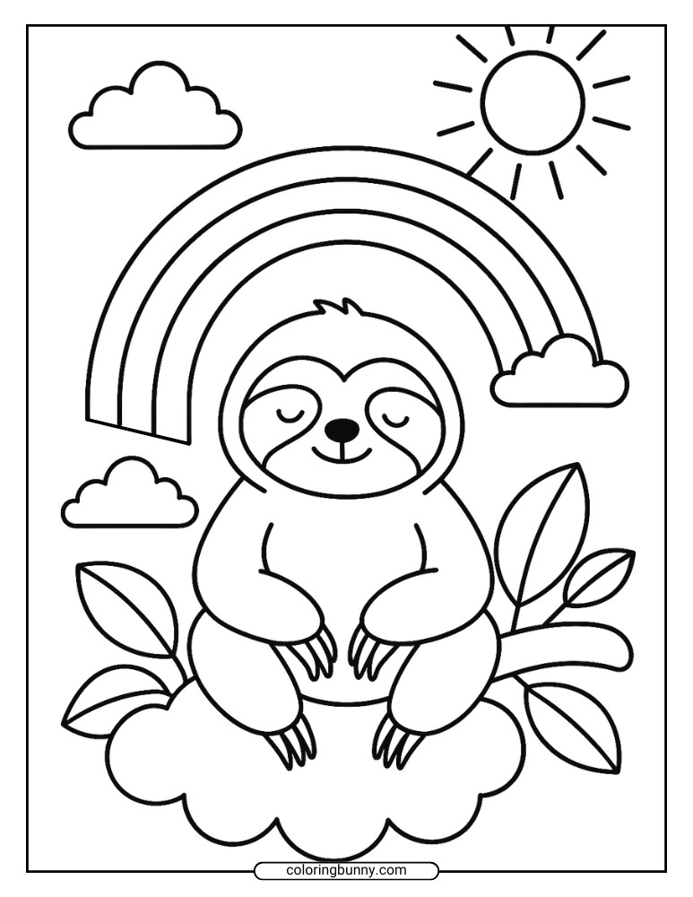 Adorable sloth coloring page showing a relaxed sloth sitting on a cloud with a rainbow and sunny sky.