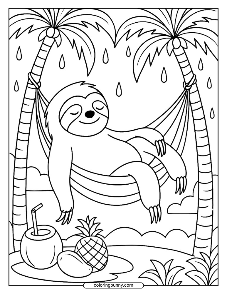Coloring page of a sloth relaxing in a hammock between palm trees with tropical fruits and raindrops falling.