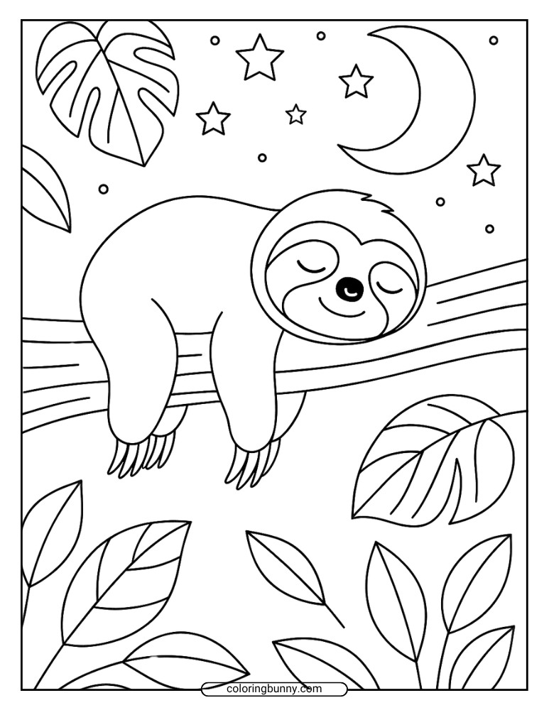 Sloth sleeping on branch coloring page with moon and stars.