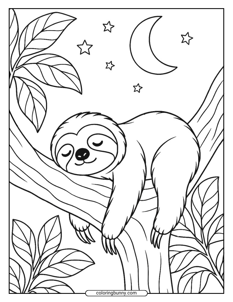 Peaceful sloth sleeping on a branch at night coloring sheet with moon, stars, and tropical leaves.