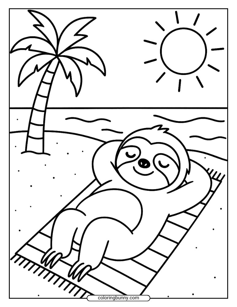 Coloring page of a smiling sloth relaxing on a beach mat under the sun, with a palm tree and ocean waves in the background.