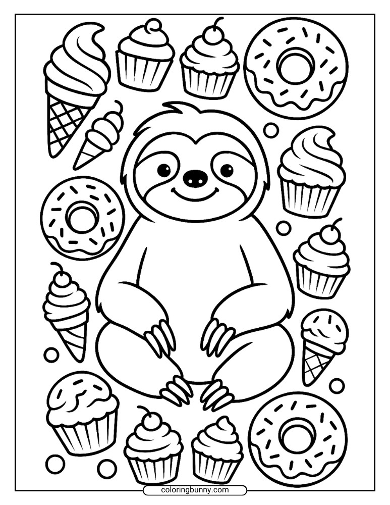 Sloth coloring page with cupcakes, donuts, and ice cream cones all around.