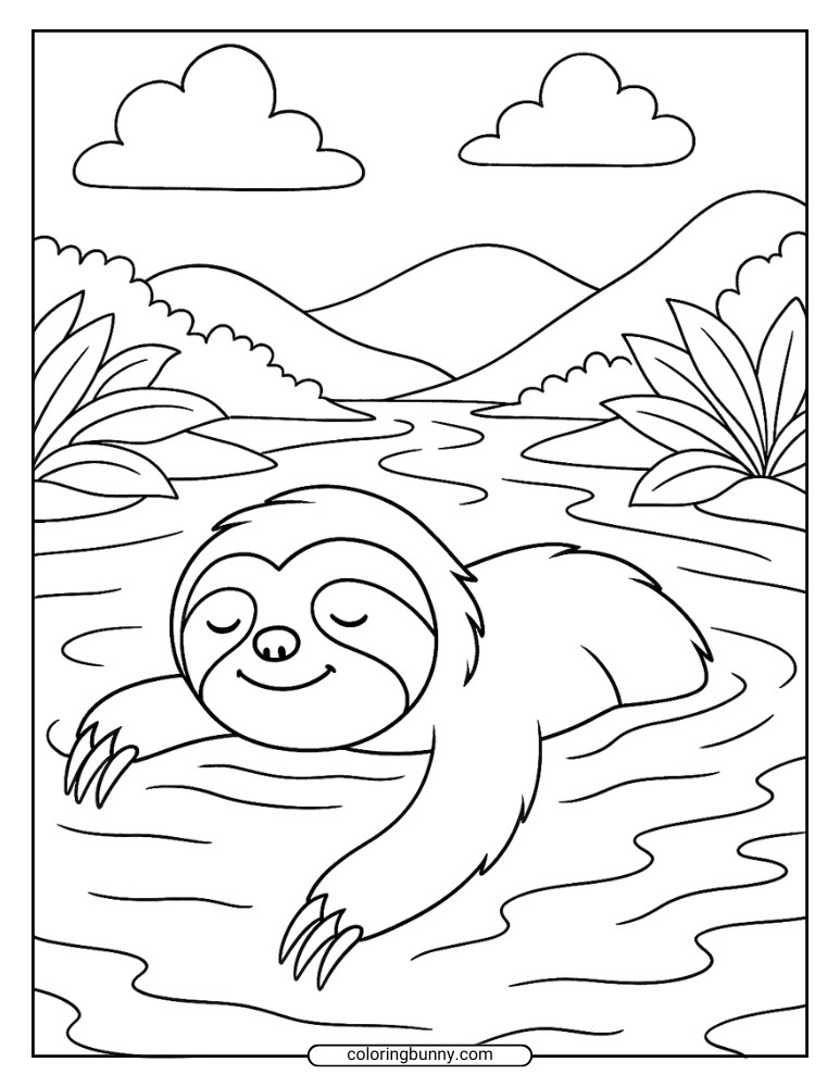 Sloth coloring page of a relaxing sloth coloring sheet of a sloth floating in a river with mountains, plants, and clouds in the background.