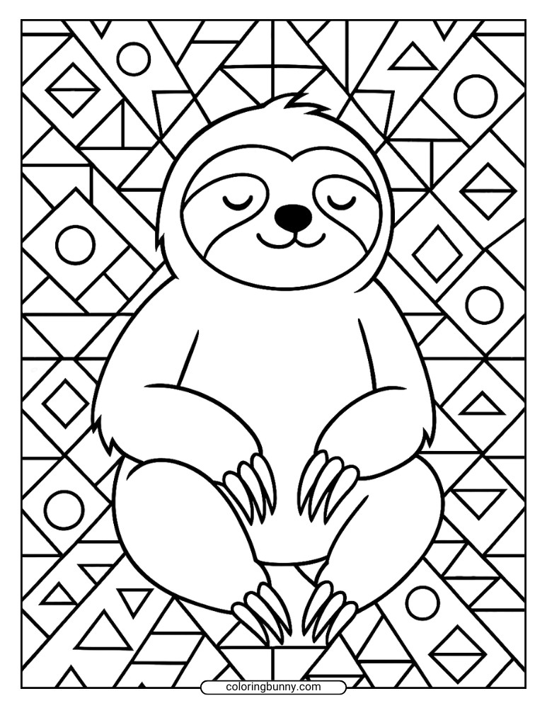 Sloth coloring page with a complex background of circles, triangles, and diamonds.