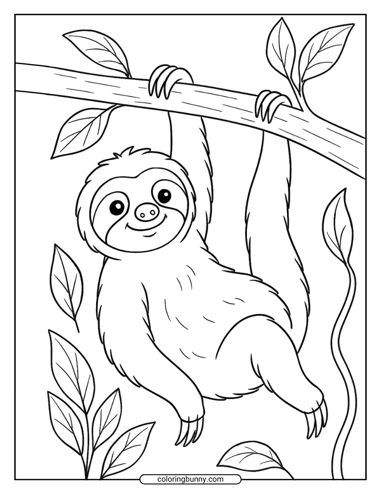Black and white coloring page of a sloth hanging from a branch in the jungle.