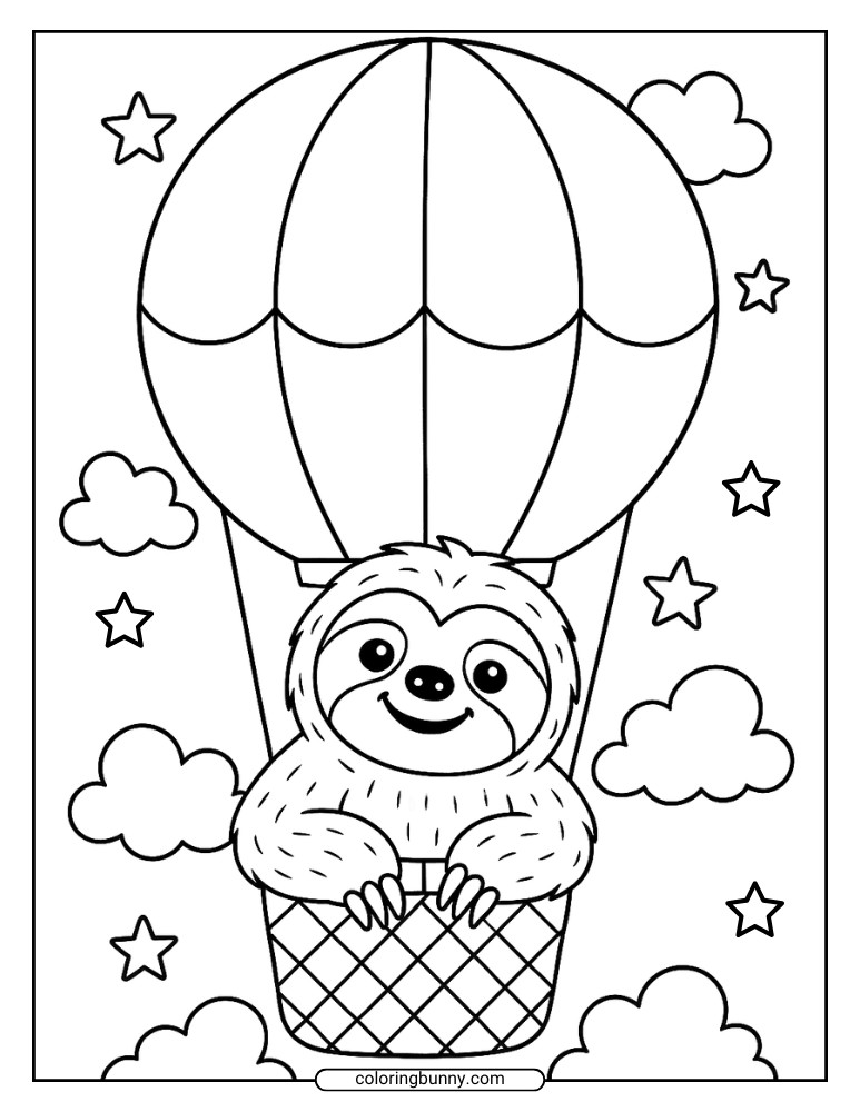 Sloth in a Hot Air Balloon Coloring Page With Stars and Clouds