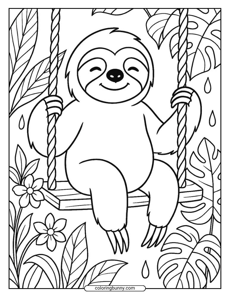 Sloth swinging in rainforest coloring sheet with tropical plants and flowers in the background