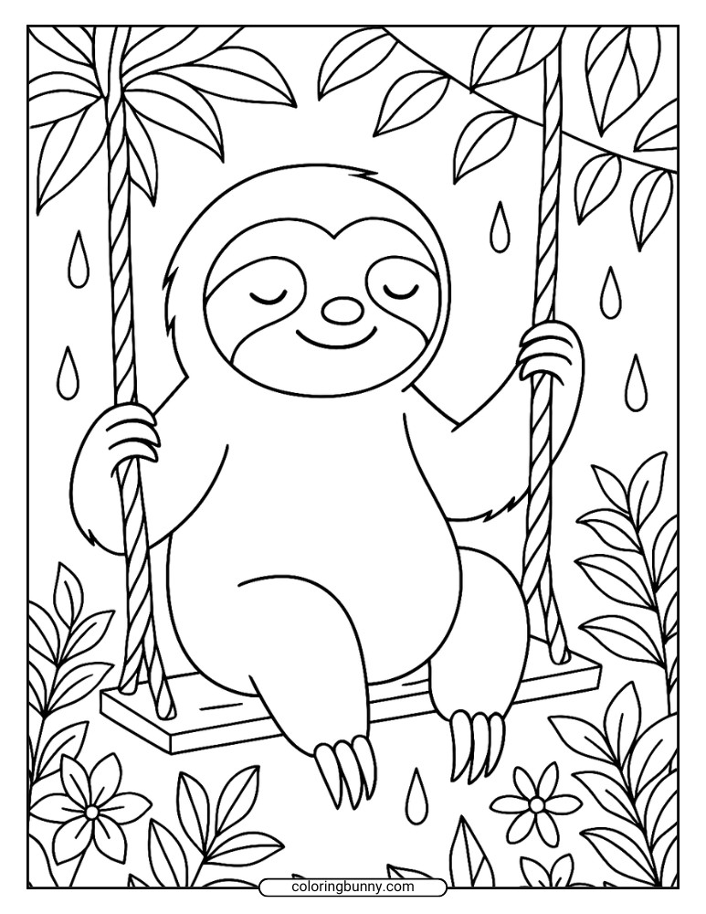 Coloring page of a content sloth sitting on a rope swing in the jungle, surrounded by leaves, flowers, and raindrops.
