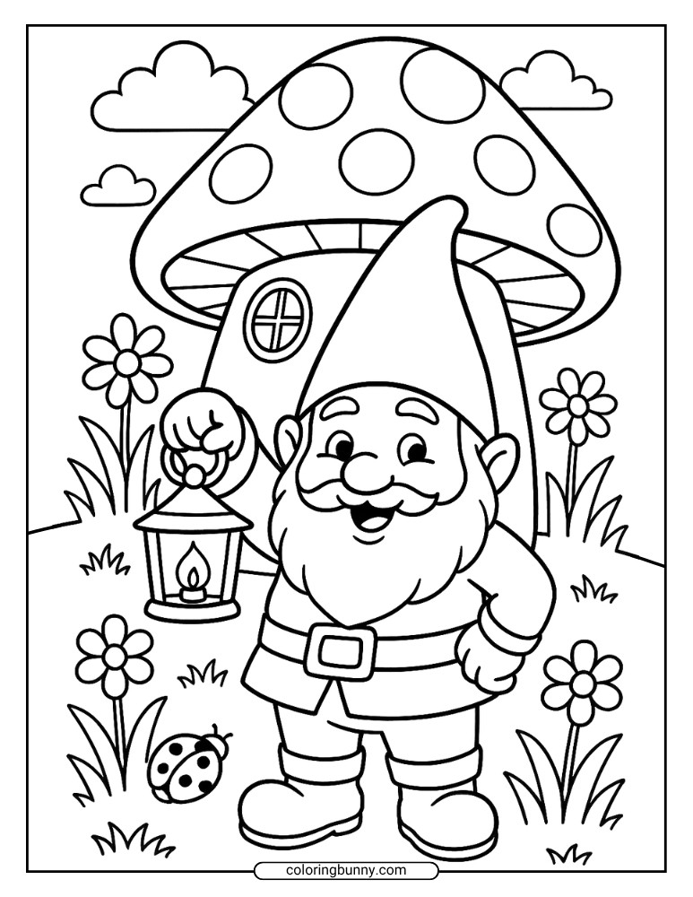 Whimsical coloring page of a smiling gnome holding a lantern in front of a mushroom-shaped house, surrounded by flowers, clouds, and a ladybug.