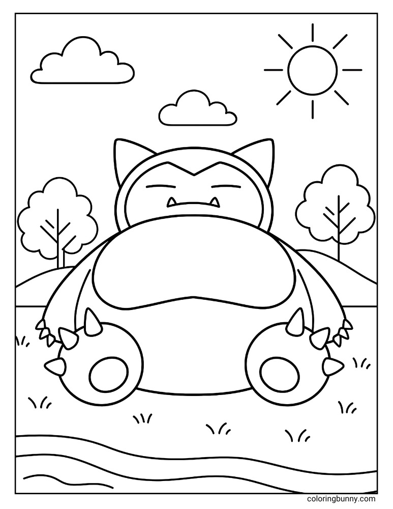 Pokemon coloring page: Snorlax sleeping peacefully in a countryside field with trees and sun.