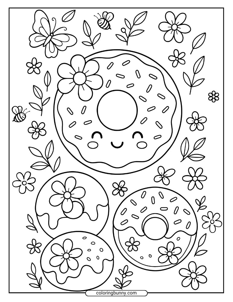 Donut coloring page featuring happy frosted donuts decorated with flowers, surrounded by bees, butterflies, and leafy plants in a spring garden theme