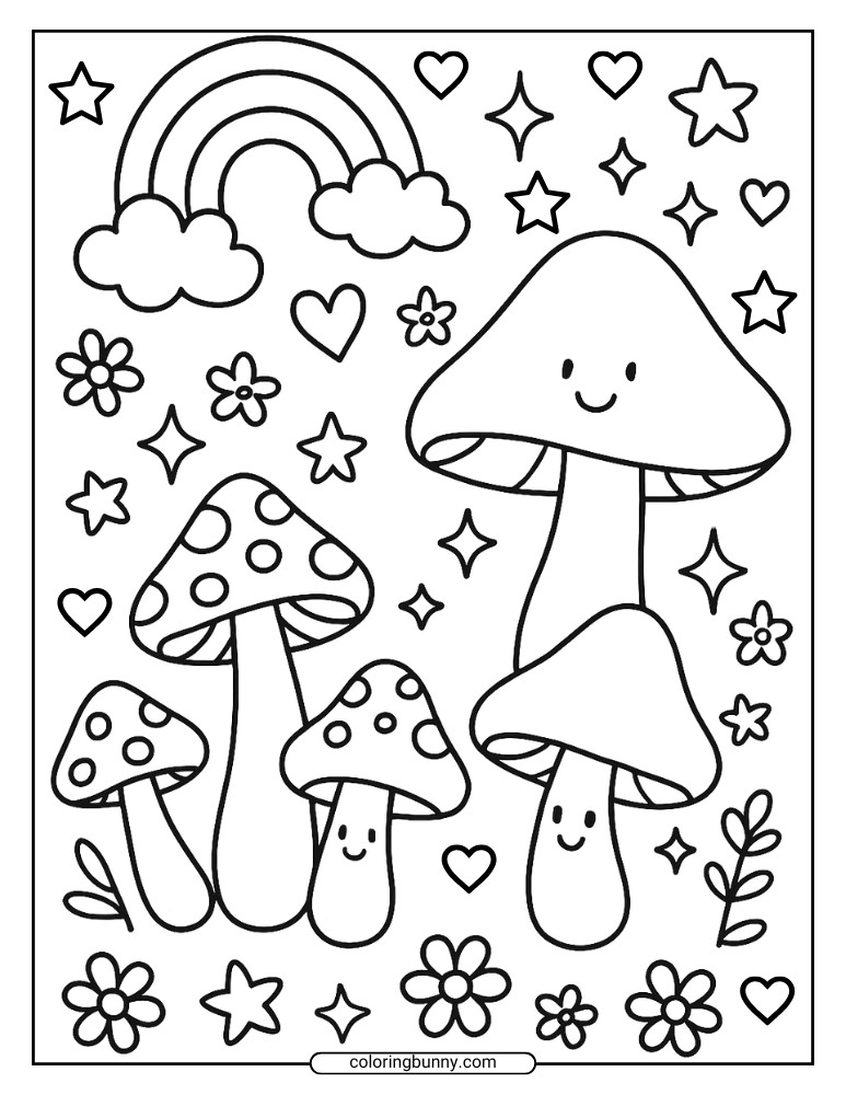 Coloring page featuring adorable happy mushrooms standing together under a rainbow, with stars, hearts, and flowers all around for a fun and magical vibe.