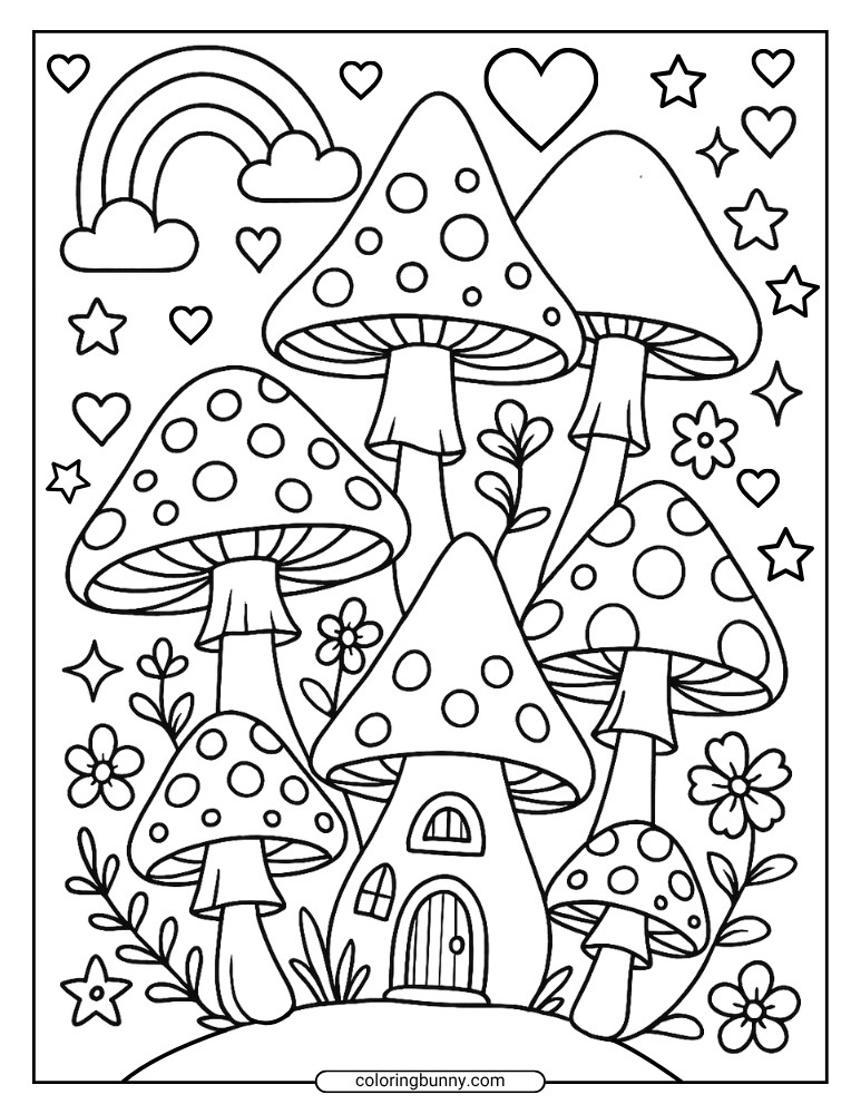 Coloring page of a magical mushroom village, complete with a little house, oversized mushrooms, floating hearts, flowers, and stars for extra charm.