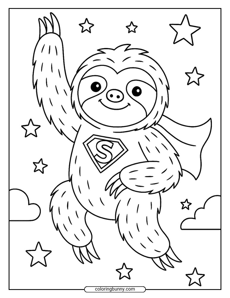 Black and white coloring page of a superhero sloth flying among the stars.