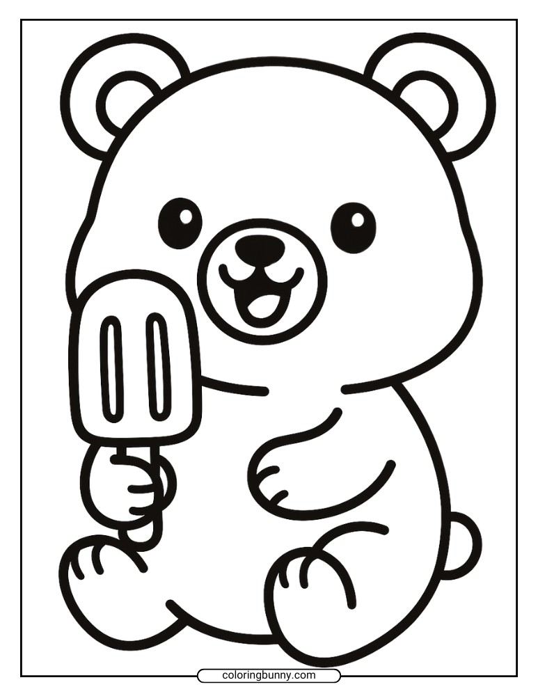 Ice cream coloring page showing a cute teddy bear happily holding and eating a popsicle.