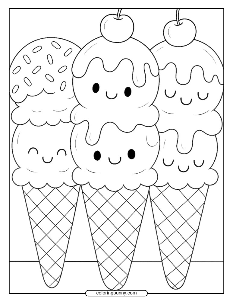 Cute ice cream coloring page showing three kawaii-style ice cream cones with cherries on top and big happy faces.