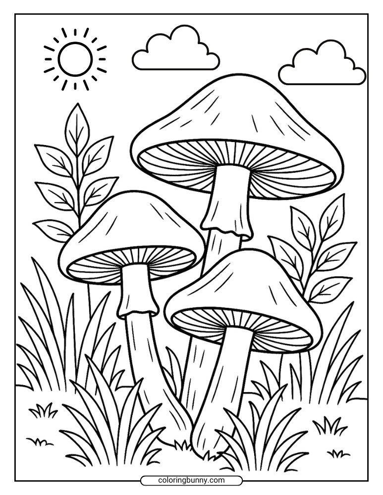 A Mushroom coloring page illustrating a nature scene with three giant toadstools towering over tall grass, detailed with visible gills and surrounded by leaves under a sunny sky.