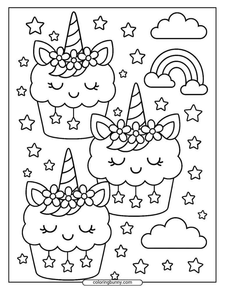 Printable unicorn cupcake coloring page with three cupcakes topped with horns, flowers, and ears, surrounded by stars, clouds, and a rainbow.