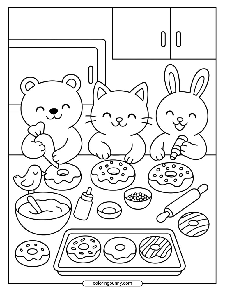 Donut coloring page showing a bear, cat, and bunny decorating frosted donuts in a kitchen with baking tools, bowls, rolling pin, sprinkles, and a tray of donuts.