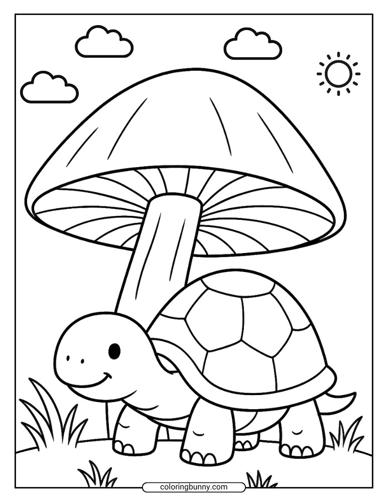 Mushroom coloring page of a smiling tortoise under a big mushroom, surrounded by clouds, grass, and sunshine.