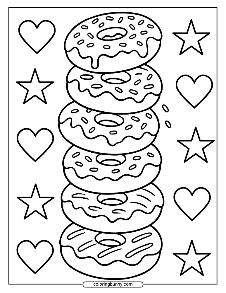 Donut coloring page showing a tall stack of six sprinkled and frosted donuts with stars and hearts decorating the background