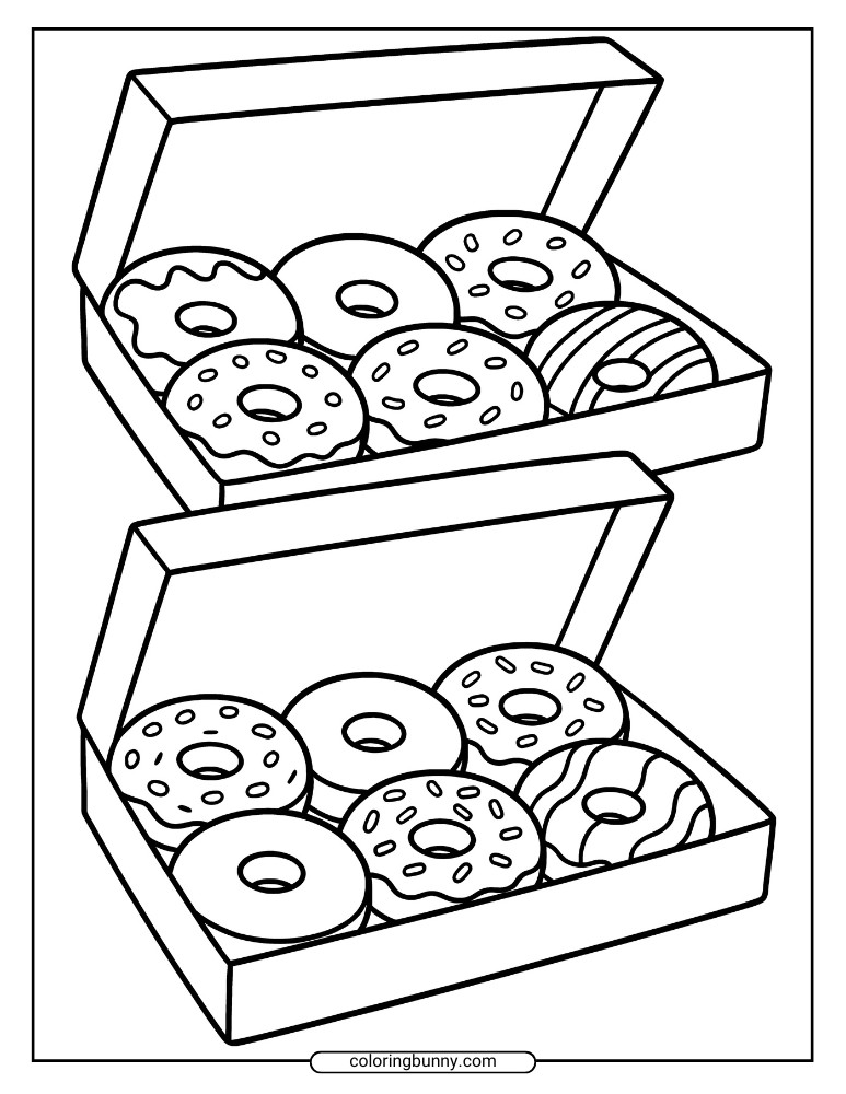 Donut coloring page featuring two open boxes filled with assorted donuts including sprinkled, striped, and plain frosted designs